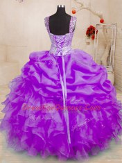 Fine Purple Sleeveless Floor Length Beading and Ruffles and Pick Ups Lace Up Quinceanera Dress