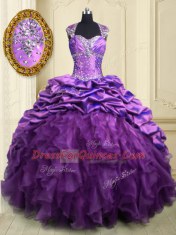 Wonderful Pick Ups With Train Purple Quinceanera Gowns Sweetheart Cap Sleeves Brush Train Lace Up