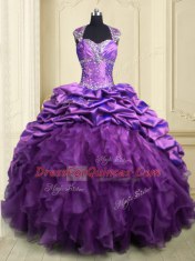 Wonderful Pick Ups With Train Purple Quinceanera Gowns Sweetheart Cap Sleeves Brush Train Lace Up