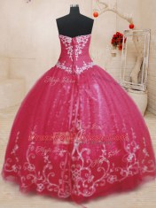Red Tulle Lace Up Ball Gown Prom Dress Sleeveless Floor Length Beading and Embroidery