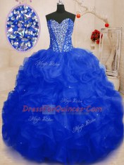 Extravagant Royal Blue Organza Lace Up 15th Birthday Dress Sleeveless Floor Length Beading and Ruffles