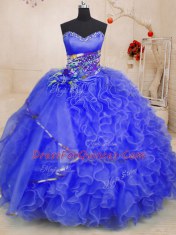 Low Price Royal Blue Organza Lace Up Sweet 16 Quinceanera Dress Sleeveless Floor Length Beading and Ruffles