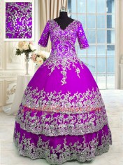 Admirable Purple Ball Gowns Appliques and Ruffled Layers Vestidos de Quinceanera Zipper Satin and Tulle Half Sleeves Floor Length
