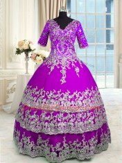 Admirable Purple Ball Gowns Appliques and Ruffled Layers Vestidos de Quinceanera Zipper Satin and Tulle Half Sleeves Floor Length