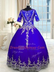 Blue Satin and Tulle Zipper Vestidos de Quinceanera Half Sleeves Floor Length Appliques and Ruffled Layers