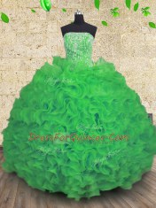 Floor Length Lace Up Sweet 16 Dress Green for Military Ball and Sweet 16 and Quinceanera with Beading and Ruffles