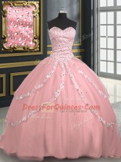 Charming Pink Sweetheart Lace Up Beading and Appliques 15 Quinceanera Dress Brush Train Sleeveless