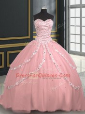 Charming Pink Sweetheart Lace Up Beading and Appliques 15 Quinceanera Dress Brush Train Sleeveless