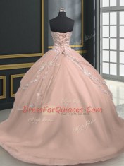Charming Pink Sweetheart Lace Up Beading and Appliques 15 Quinceanera Dress Brush Train Sleeveless