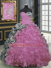 Printed With Train Rose Pink Ball Gown Prom Dress Sweetheart Sleeveless Brush Train Lace Up