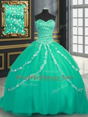Inexpensive Turquoise Lace Up Sweetheart Beading and Appliques 15 Quinceanera Dress Tulle Sleeveless Brush Train