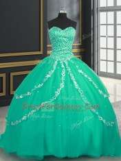 Inexpensive Turquoise Lace Up Sweetheart Beading and Appliques 15 Quinceanera Dress Tulle Sleeveless Brush Train