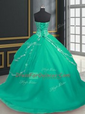 Inexpensive Turquoise Lace Up Sweetheart Beading and Appliques 15 Quinceanera Dress Tulle Sleeveless Brush Train