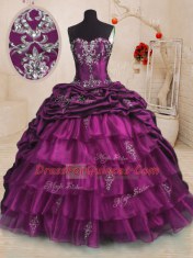 Luxury Purple Ball Gown Prom Dress Military Ball and Sweet 16 and Quinceanera and For with Beading and Appliques and Ruffles and Pick Ups Sweetheart Sleeveless Sweep Train Lace Up