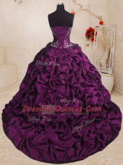 Luxury Purple Ball Gown Prom Dress Military Ball and Sweet 16 and Quinceanera and For with Beading and Appliques and Ruffles and Pick Ups Sweetheart Sleeveless Sweep Train Lace Up