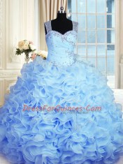 Baby Blue Ball Gowns Organza Straps Sleeveless Beading and Ruffles Floor Length Zipper Sweet 16 Quinceanera Dress