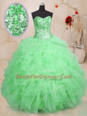 Unique Green Organza Lace Up Quinceanera Dress Sleeveless Floor Length Beading and Ruffles