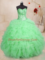 Unique Green Organza Lace Up Quinceanera Dress Sleeveless Floor Length Beading and Ruffles