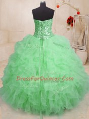 Unique Green Organza Lace Up Quinceanera Dress Sleeveless Floor Length Beading and Ruffles