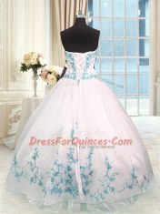 Excellent Floor Length Lace Up Quince Ball Gowns Blue And White for Military Ball and Sweet 16 and Quinceanera with Embroidery and Sashes ribbons