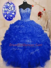 On Sale Royal Blue Lace Up Sweetheart Beading and Ruffles Ball Gown Prom Dress Organza Sleeveless