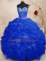 On Sale Royal Blue Lace Up Sweetheart Beading and Ruffles Ball Gown Prom Dress Organza Sleeveless