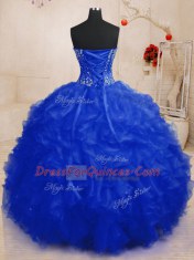 On Sale Royal Blue Lace Up Sweetheart Beading and Ruffles Ball Gown Prom Dress Organza Sleeveless