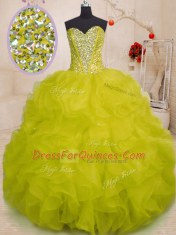 Floor Length Yellow Green Sweet 16 Dress Organza Sleeveless Beading and Ruffles