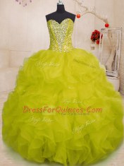 Floor Length Yellow Green Sweet 16 Dress Organza Sleeveless Beading and Ruffles