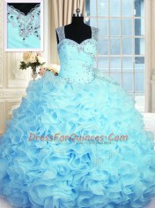 On Sale Straps Sleeveless Quinceanera Gown Floor Length Beading and Ruffles Aqua Blue Organza