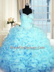 On Sale Straps Sleeveless Quinceanera Gown Floor Length Beading and Ruffles Aqua Blue Organza