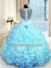 On Sale Straps Sleeveless Quinceanera Gown Floor Length Beading and Ruffles Aqua Blue Organza