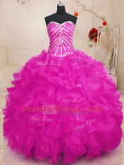 Sweet Fuchsia Lace Up Sweetheart Beading and Ruffles and Sequins Quince Ball Gowns Organza Sleeveless