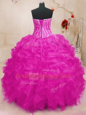 Sweet Fuchsia Lace Up Sweetheart Beading and Ruffles and Sequins Quince Ball Gowns Organza Sleeveless