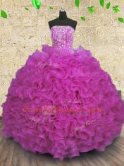 Fuchsia Lace Up Quinceanera Gown Beading and Ruffles Sleeveless Floor Length