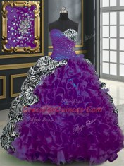 Brush Train Ball Gowns Quinceanera Gowns Purple Sweetheart Organza and Printed Sleeveless With Train Lace Up