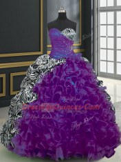 Brush Train Ball Gowns Quinceanera Gowns Purple Sweetheart Organza and Printed Sleeveless With Train Lace Up