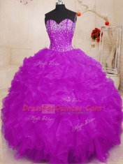 Purple Organza Lace Up Sweetheart Sleeveless Floor Length Quinceanera Dresses Beading