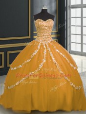 Gold Lace Up Sweetheart Beading and Appliques Quince Ball Gowns Tulle Sleeveless Brush Train