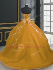 Gold Lace Up Sweetheart Beading and Appliques Quince Ball Gowns Tulle Sleeveless Brush Train