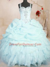 Straps Sleeveless Organza Quinceanera Gown Beading and Ruffles and Pick Ups Zipper