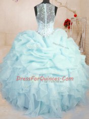 Straps Sleeveless Organza Quinceanera Gown Beading and Ruffles and Pick Ups Zipper