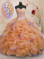 Custom Fit With Train Lace Up Quince Ball Gowns Orange for Military Ball and Sweet 16 and Quinceanera with Beading and Ruffles Brush Train