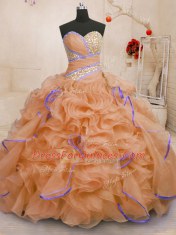 Custom Fit With Train Lace Up Quince Ball Gowns Orange for Military Ball and Sweet 16 and Quinceanera with Beading and Ruffles Brush Train