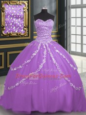 Lavender Tulle Lace Up Sweetheart Sleeveless With Train Vestidos de Quinceanera Brush Train Beading and Appliques