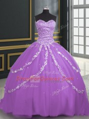 Lavender Tulle Lace Up Sweetheart Sleeveless With Train Vestidos de Quinceanera Brush Train Beading and Appliques