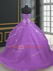 Lavender Tulle Lace Up Sweetheart Sleeveless With Train Vestidos de Quinceanera Brush Train Beading and Appliques