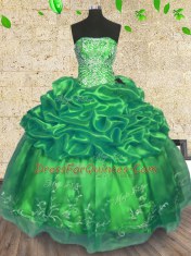 Green Strapless Lace Up Beading and Embroidery Quinceanera Dresses Sleeveless