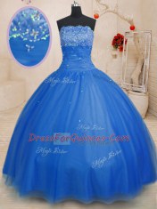 Simple Strapless Sleeveless Tulle Ball Gown Prom Dress Beading Lace Up