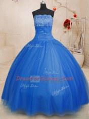 Simple Strapless Sleeveless Tulle Ball Gown Prom Dress Beading Lace Up